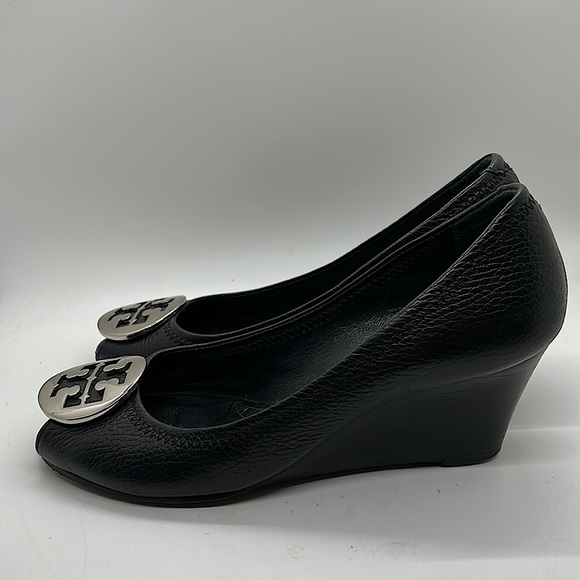 Tory Burch Sexy Black Leather Peep Toe Wedge Heels Shoes **Size 6.5** 🔥🔥 - Picture 6 of 10